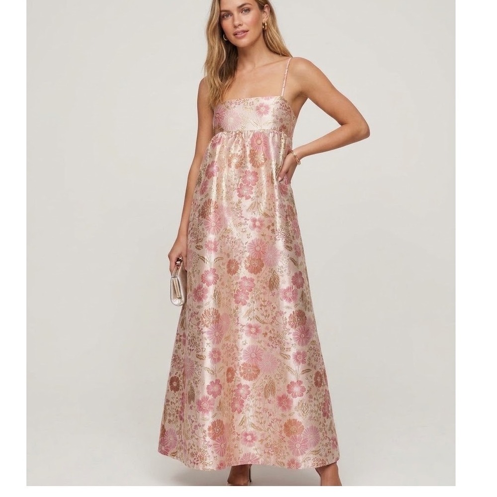 Petal & Pup Yasmine Pink Gold Floral Brocade Metallic Maxi Dress Empire Waist L